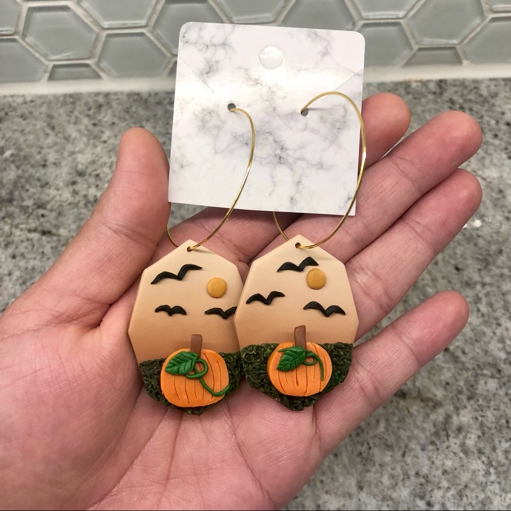 Halloween Fall Pumpkin Gold Hoop Dangle Earrings